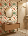 Citrus Roar leopard and lemon wallpaper creating ambiance in a serene bathroom