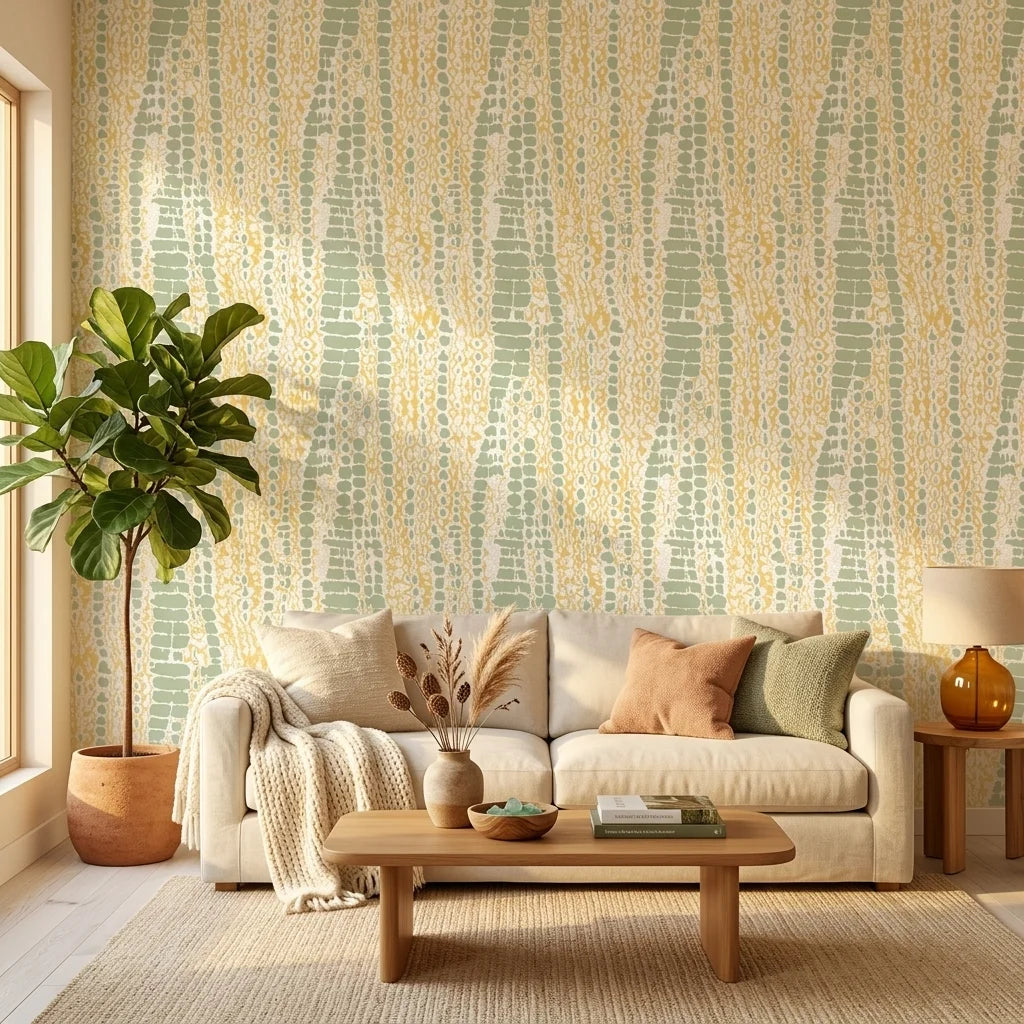 Citrus Scale green and gold abstract wallpaper in a warm and inviting living room