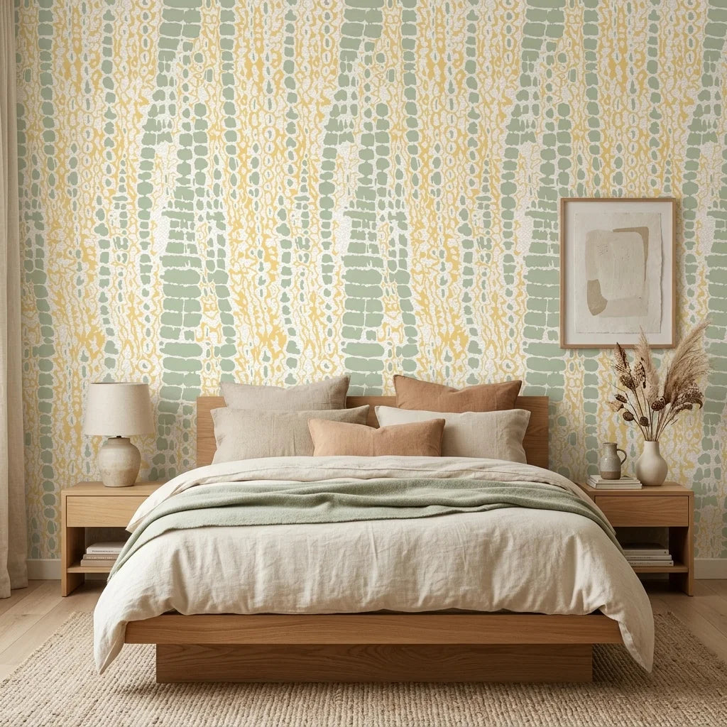 Citrus Scale green and gold abstract wallpaper adding character to a cozy bedroom
