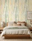 Citrus Scale green and gold abstract wallpaper adding character to a cozy bedroom