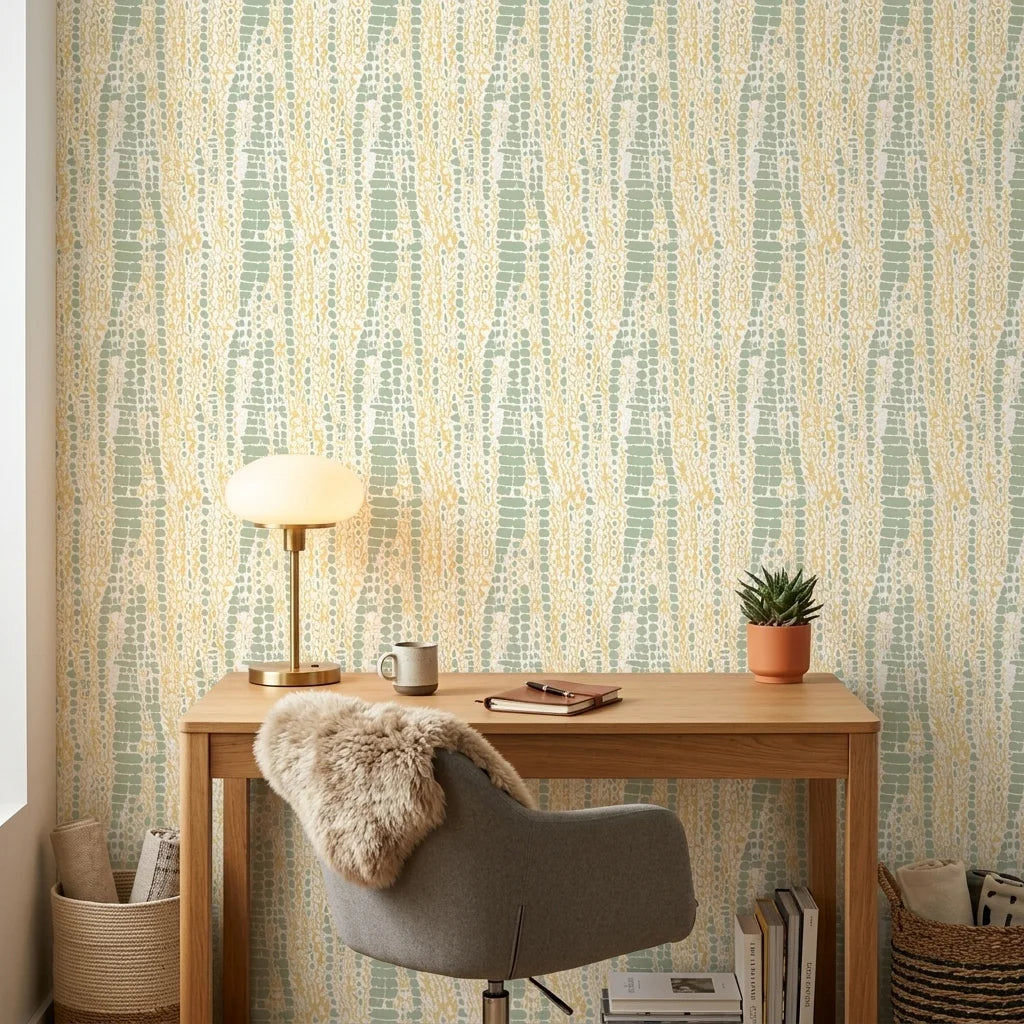 Citrus Scale green and gold abstract wallpaper as a feature wall in a bright home office