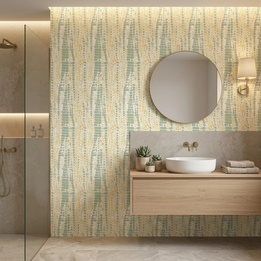 Citrus Scale green and gold abstract wallpaper creating ambiance in a serene bathroom