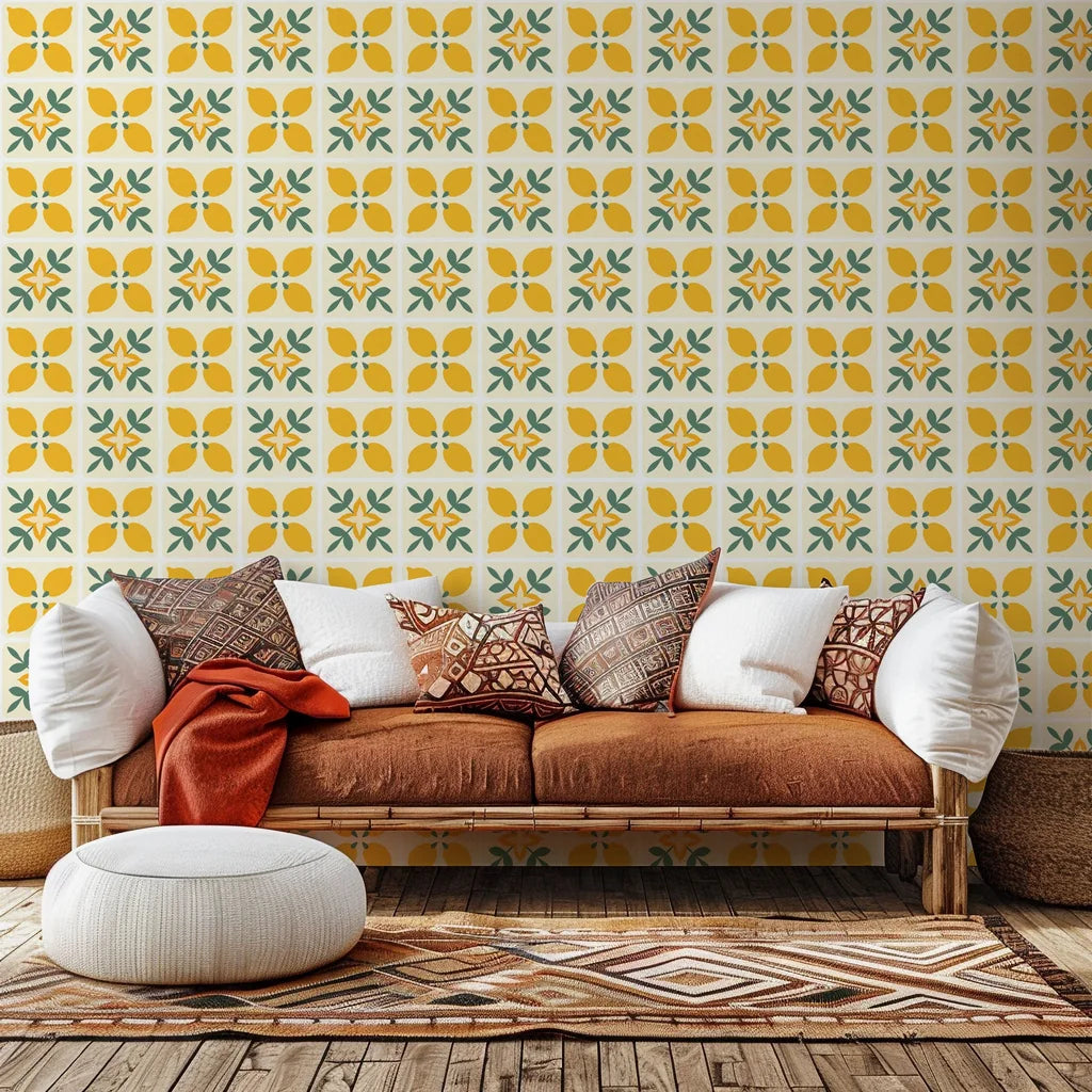 Geometric tiled wall covering featuring yellow lemons and fresh green leaves. Citrus Bloom design.