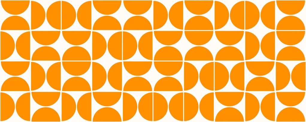 Self-adhesive wallpaper featuring a mid-century modern, orange half-circle geometric design (Citrus Grid)