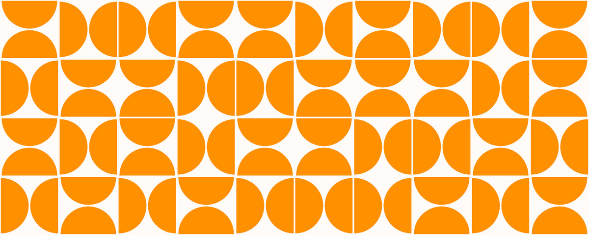 Self-adhesive wallpaper featuring a mid-century modern, orange half-circle geometric design (Citrus Grid)
