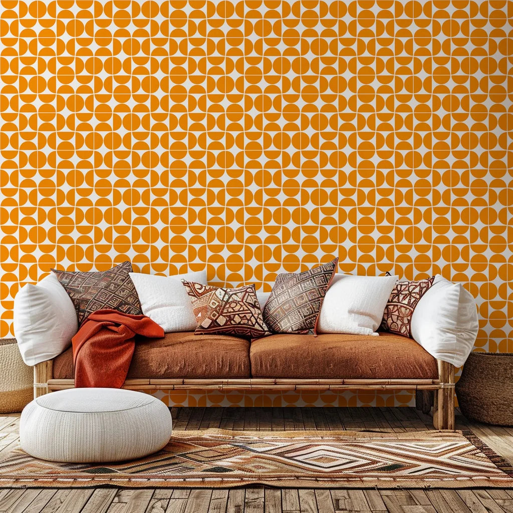 Self-adhesive wallpaper featuring a mid-century modern, orange semicircle geometric pattern, known as Citrus Grid.