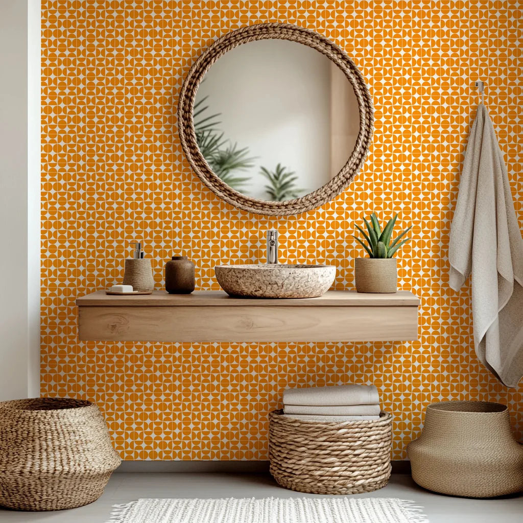 Self-adhesive wallpaper featuring a Mid-century modern orange semicircle geometric pattern, named Citrus Grid
