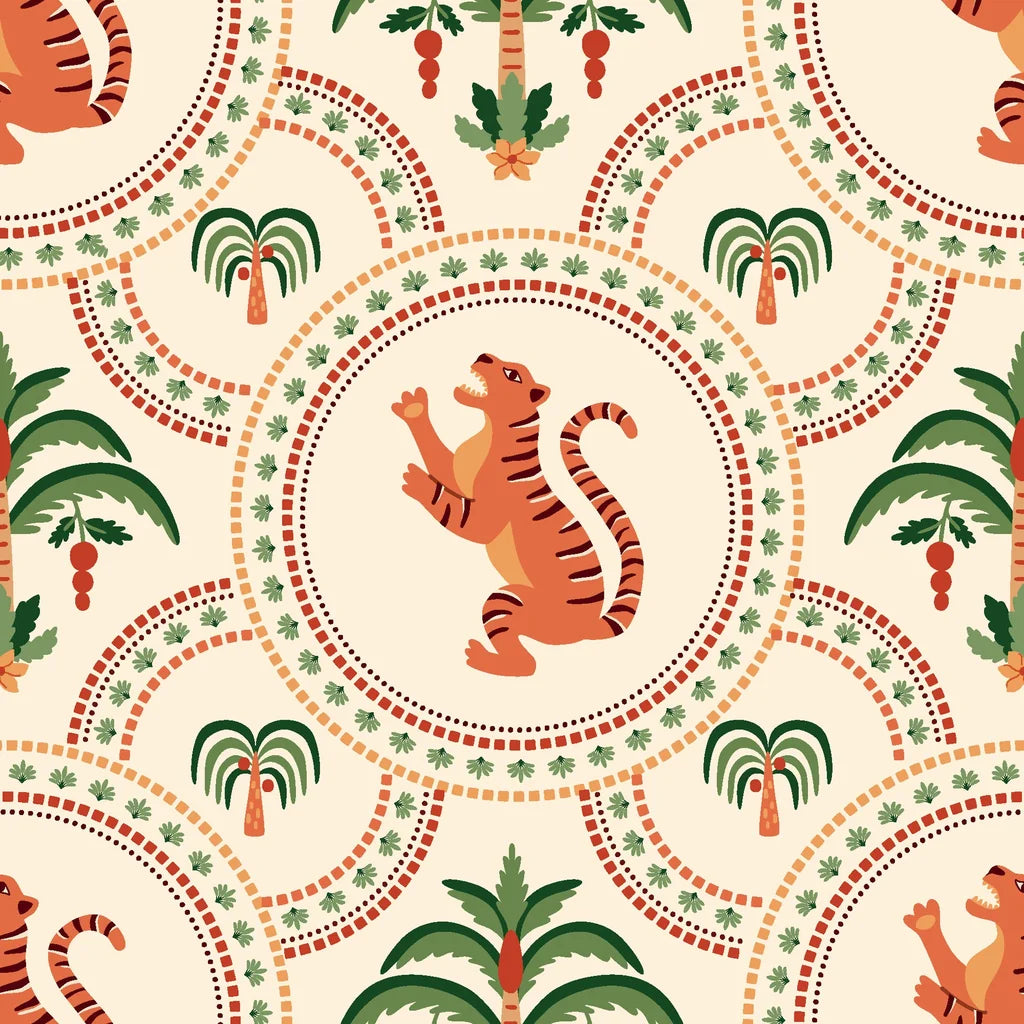 Leopards intertwined with citrus fruit elements creating a whimsical pattern