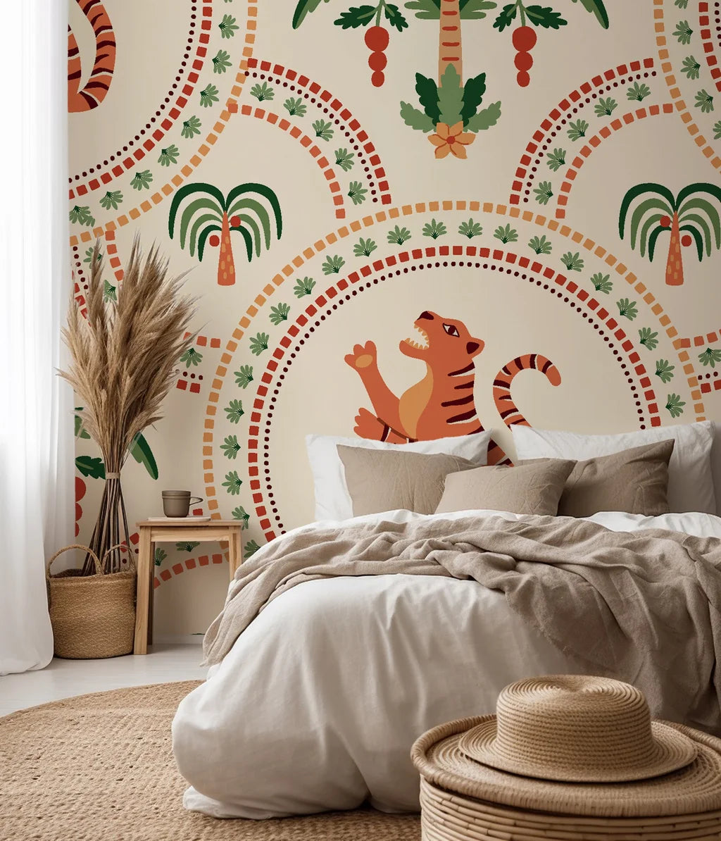 A whimsical design featuring leopards intertwined with various citrus fruits