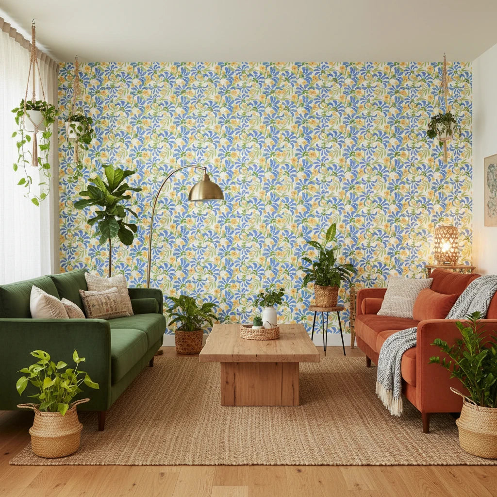 Citrus Splash playful blue floral wallpaper in a warm and inviting living room