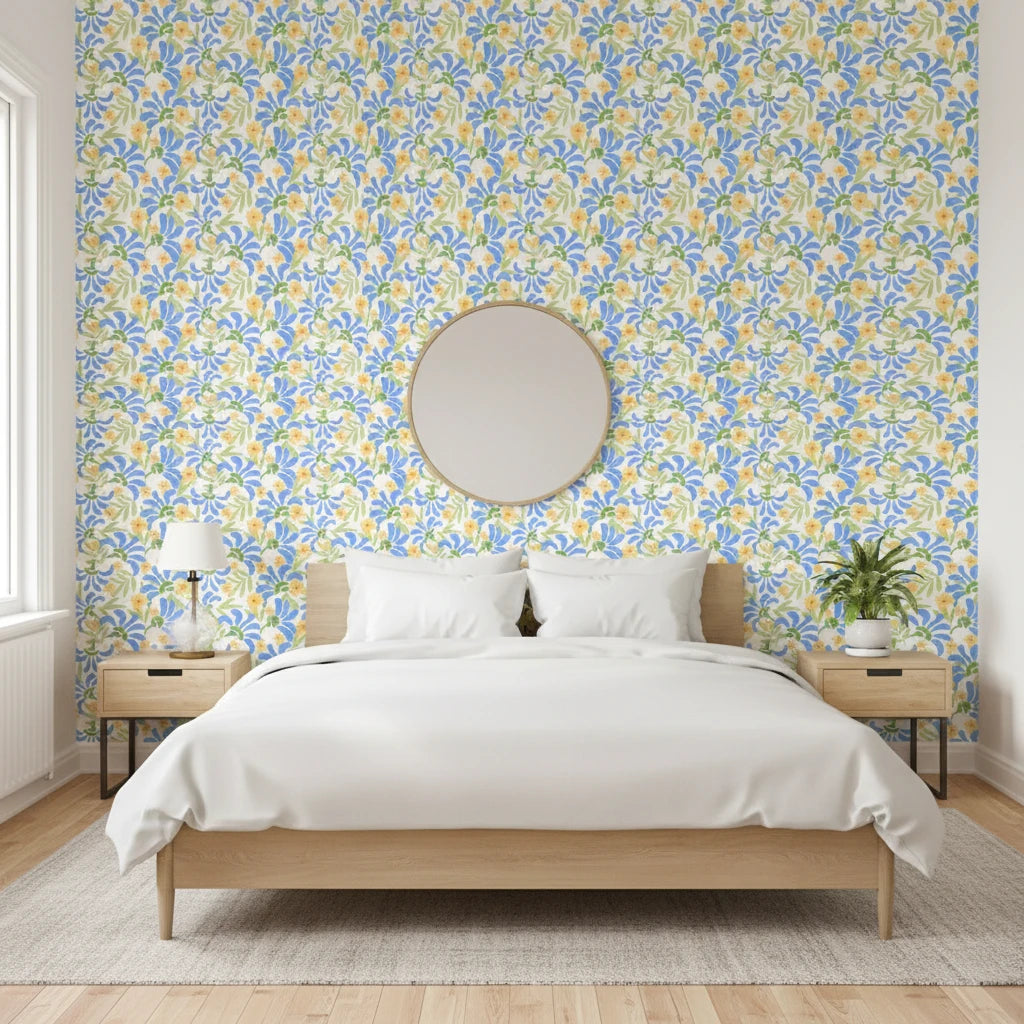 Citrus Splash playful blue floral wallpaper adding character to a cozy bedroom