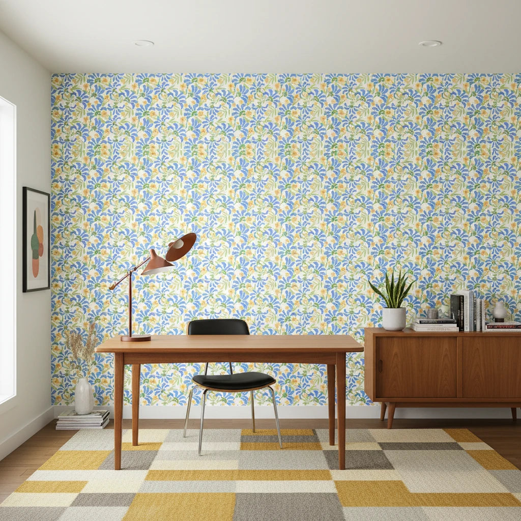 Citrus Splash playful blue floral wallpaper as a feature wall in a bright home office