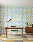Citrus Splash playful blue floral wallpaper as a feature wall in a bright home office