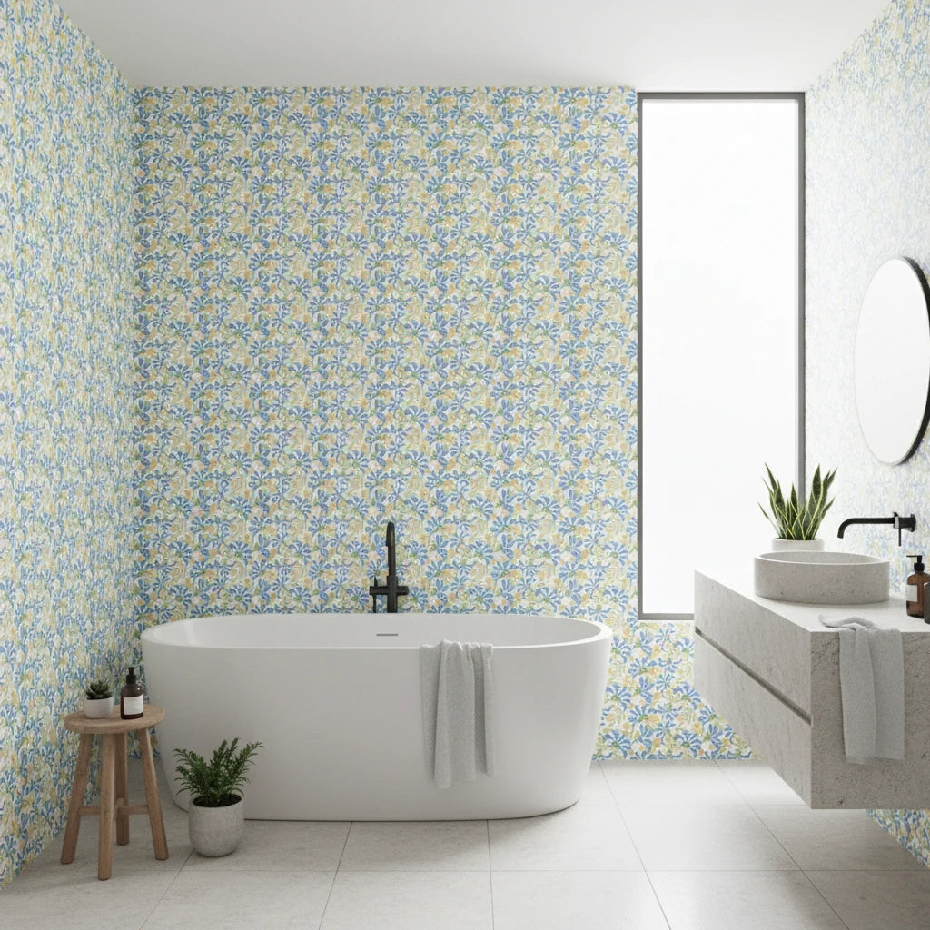 Citrus Splash playful blue floral wallpaper creating ambiance in a serene bathroom