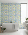 Citrus Splash playful blue floral wallpaper creating ambiance in a serene bathroom