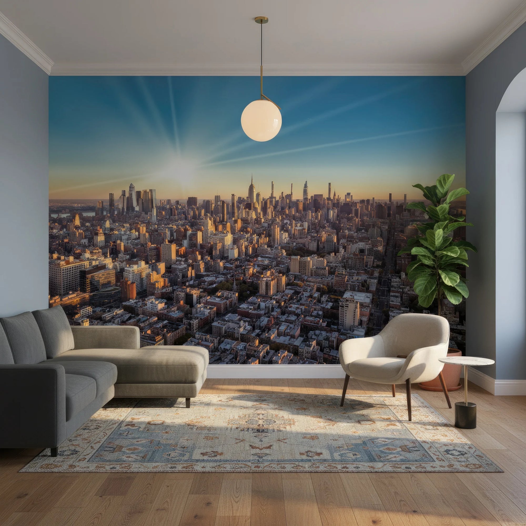 City Ablaze mural wallpaper featuring New York skyline at golden hour on modern living room accent wall