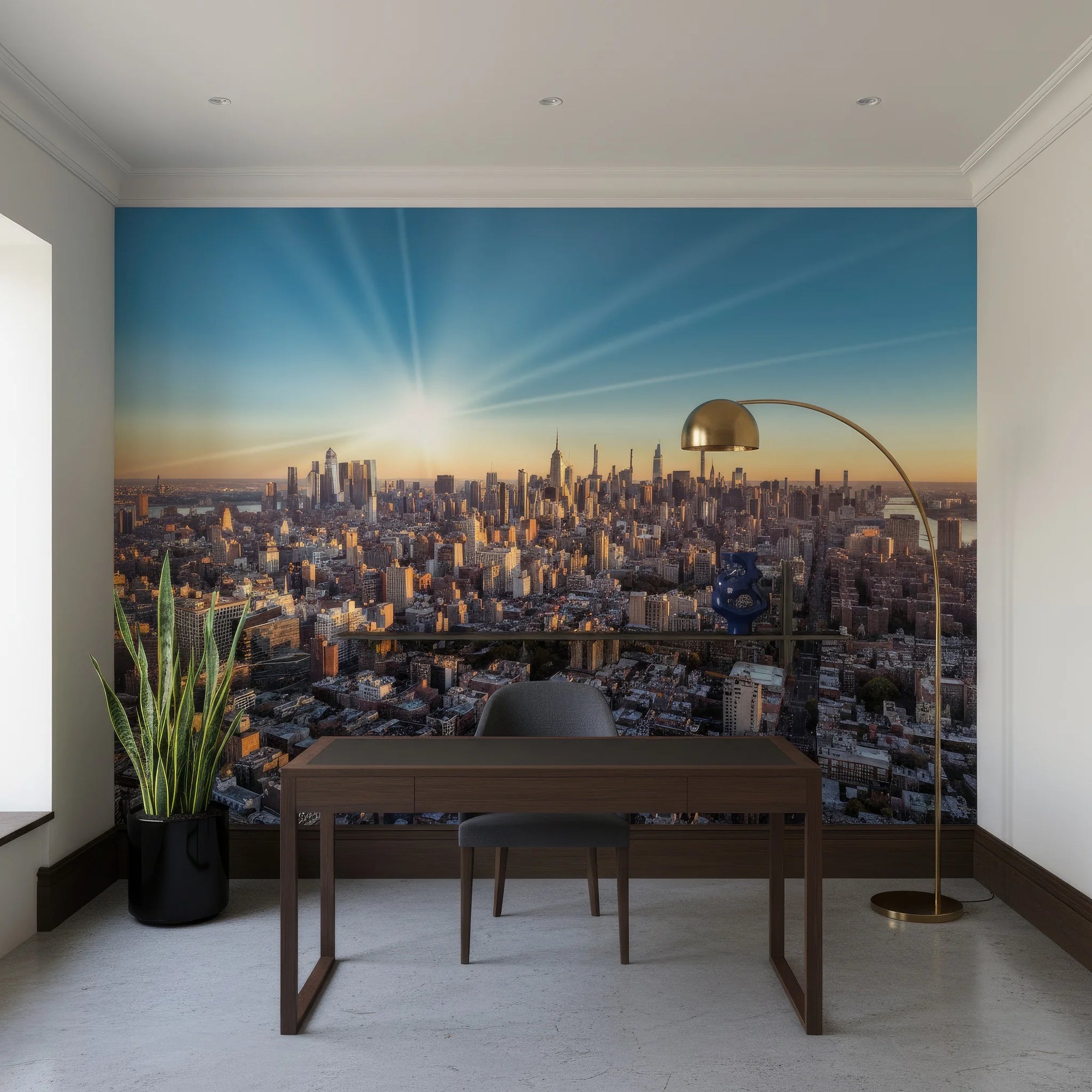 City Ablaze removable wallpaper showing New York skyline at golden hour with dramatic blue sky and sunburst