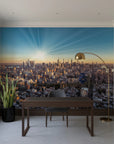 City Ablaze removable wallpaper showing New York skyline at golden hour with dramatic blue sky and sunburst