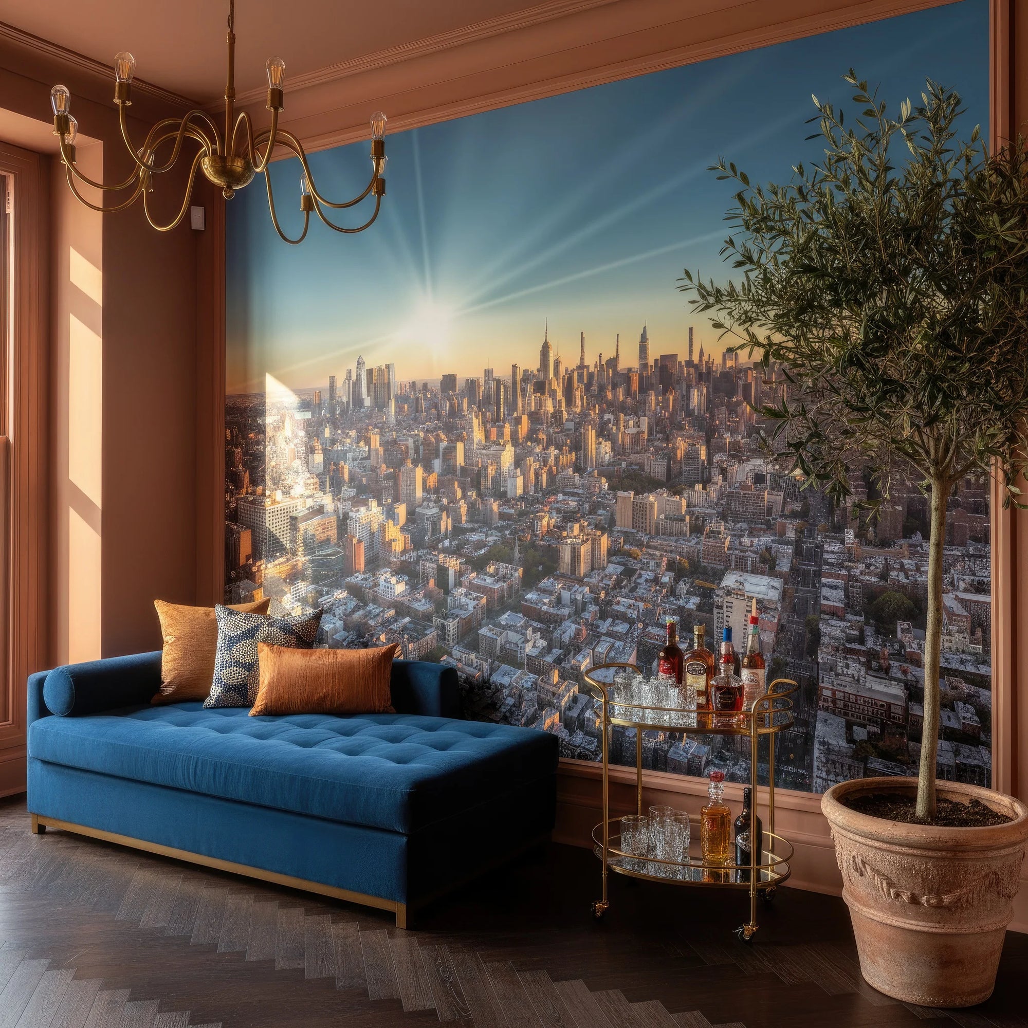 City Ablaze skyline mural wallpaper featuring golden hour Manhattan panorama in modern living room setting