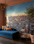 City Ablaze skyline mural wallpaper featuring golden hour Manhattan panorama in modern living room setting