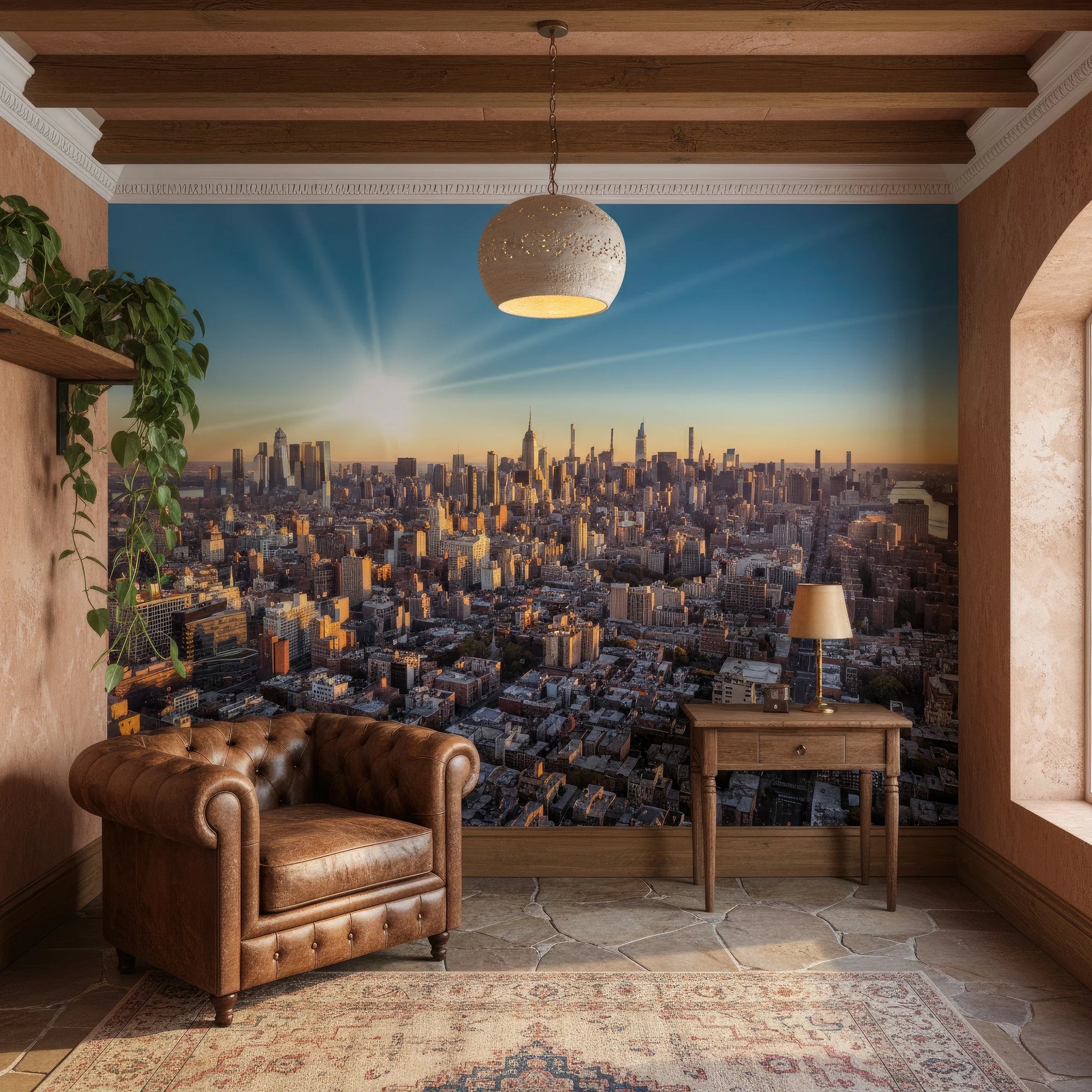 Golden hour New York skyline City Ablaze peel and stick wallpaper mural in warm-toned living room
