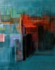 City Submerged teal abstract cityscape wallpaper creating ambiance in a serene bathroom
