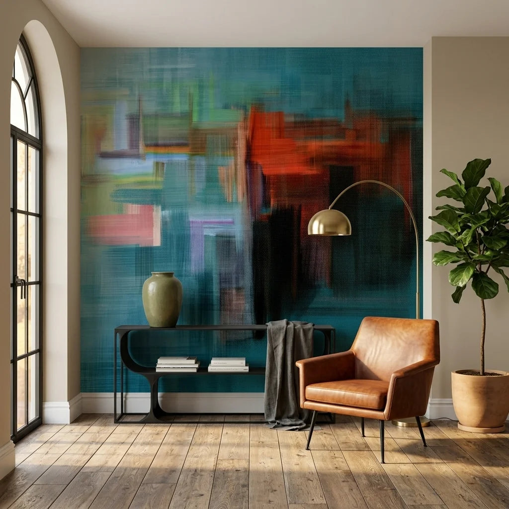 Matte teal and rust abstract cityscape peel and stick wallpaper - City Submerged