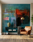 Matte teal and rust abstract cityscape peel and stick wallpaper - City Submerged