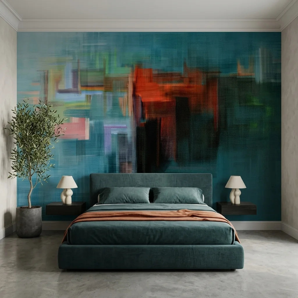City Submerged teal abstract cityscape wallpaper in a warm and inviting living room