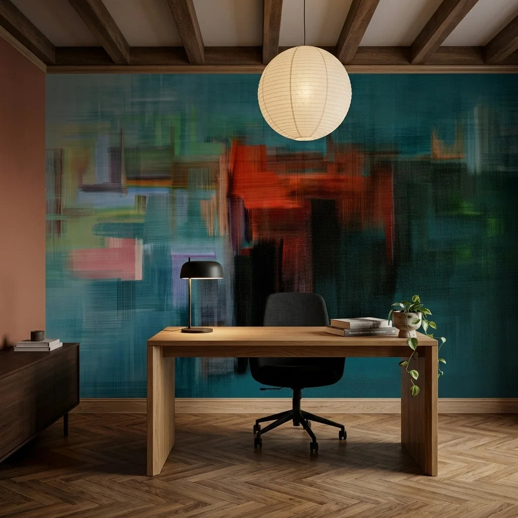 City Submerged teal abstract cityscape wallpaper adding character to a cozy bedroom