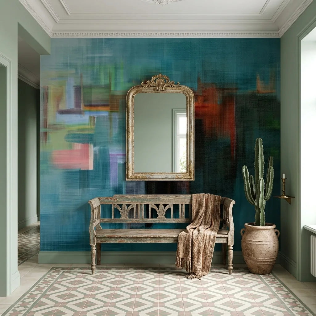 City Submerged teal abstract cityscape wallpaper as a feature wall in a bright home office