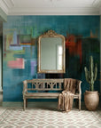 City Submerged teal abstract cityscape wallpaper as a feature wall in a bright home office