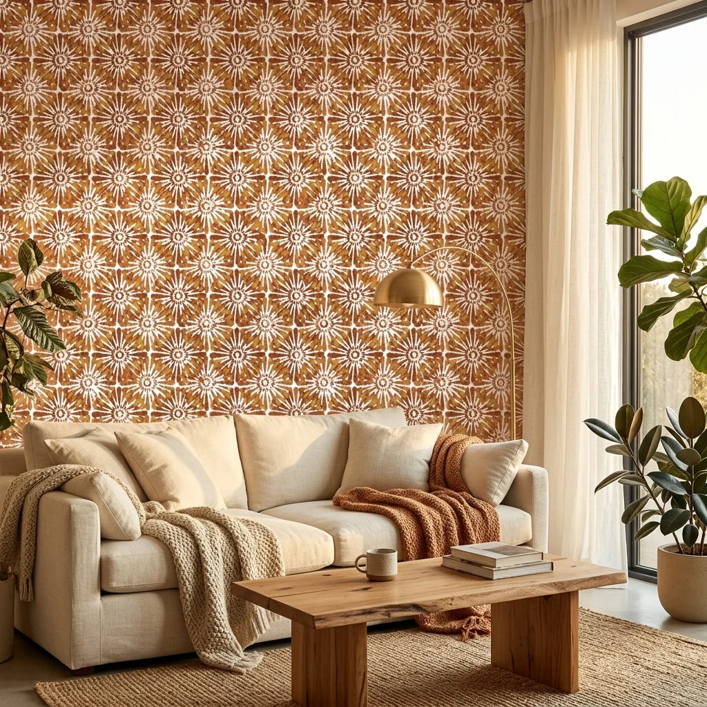 Clay Burst rustic orange floral wallpaper in a warm and inviting living room