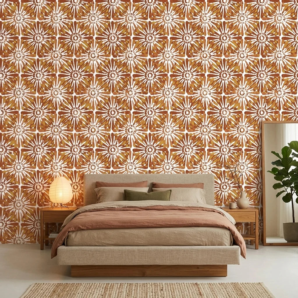 Clay Burst rustic orange floral wallpaper adding character to a cozy bedroom