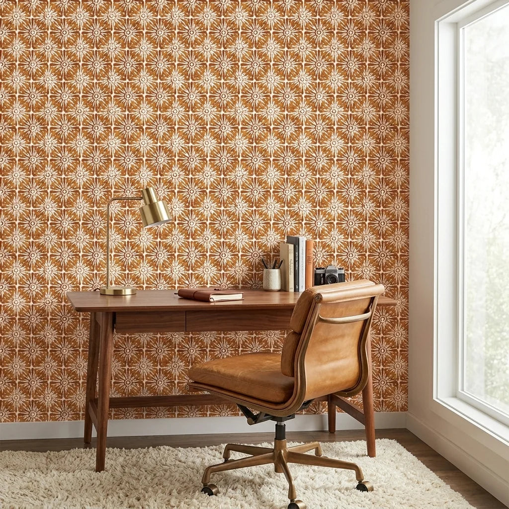 Clay Burst rustic orange floral wallpaper as a feature wall in a bright home office