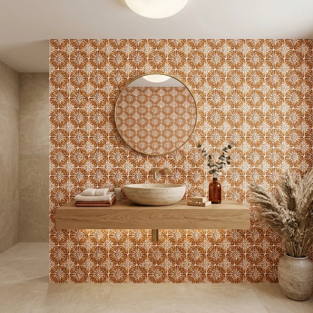 Clay Burst rustic orange floral wallpaper creating ambiance in a serene bathroom