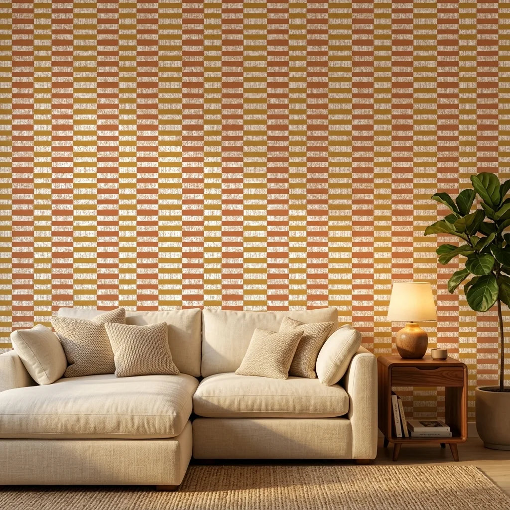 Clay & Ochre earthy geometric peel and stick wallpaper in a warm and inviting living room