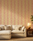 Clay & Ochre earthy geometric peel and stick wallpaper in a warm and inviting living room