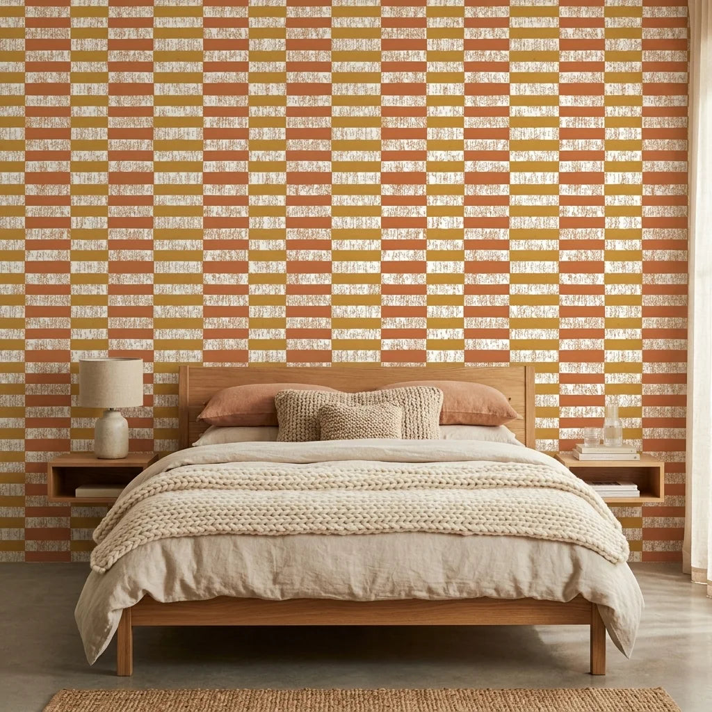Clay & Ochre earthy geometric peel and stick wallpaper adding character to a cozy bedroom
