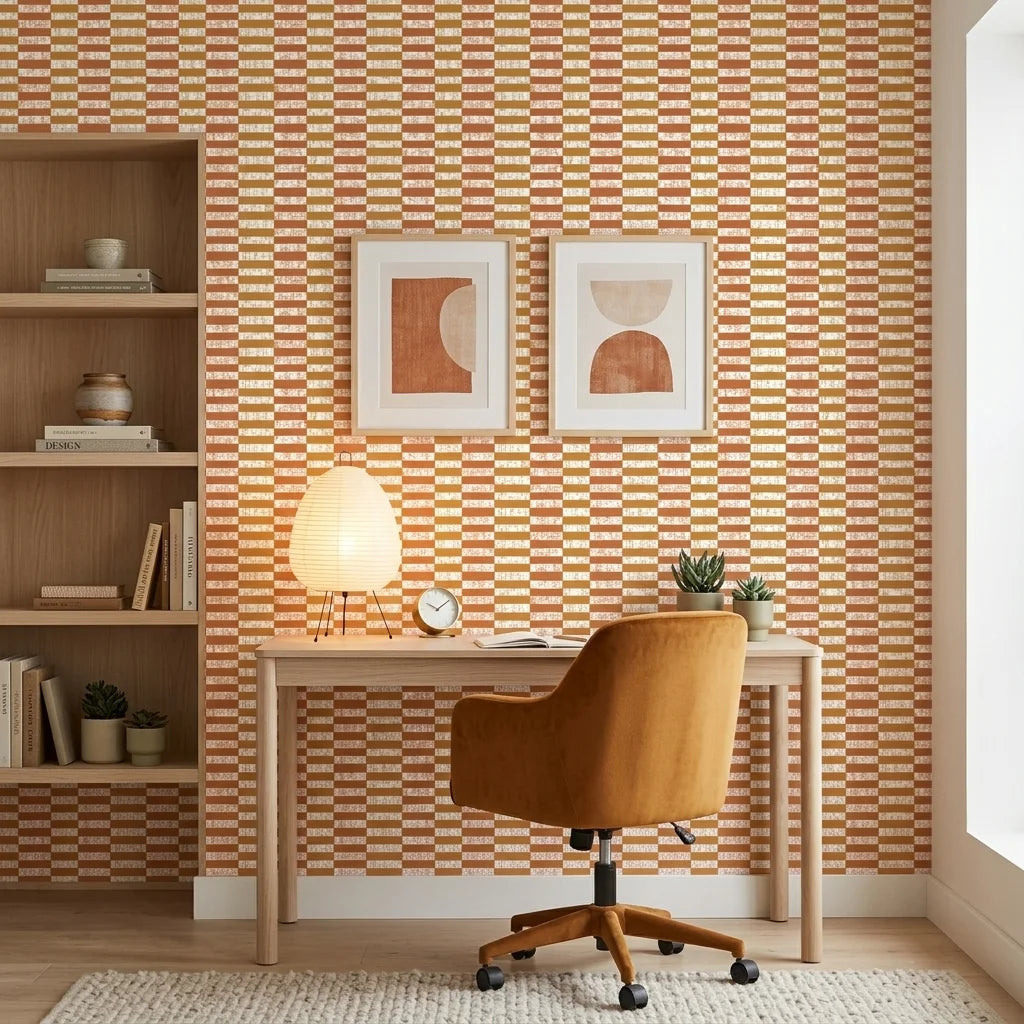 Clay & Ochre earthy geometric peel and stick wallpaper as a feature wall in a bright home office