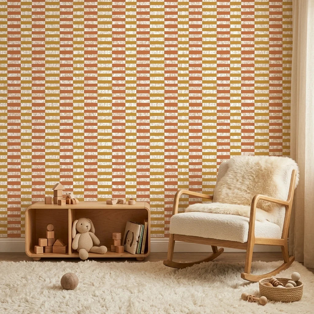 Clay & Ochre earthy geometric peel and stick wallpaper creating ambiance in a serene bathroom