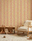 Clay & Ochre earthy geometric peel and stick wallpaper creating ambiance in a serene bathroom
