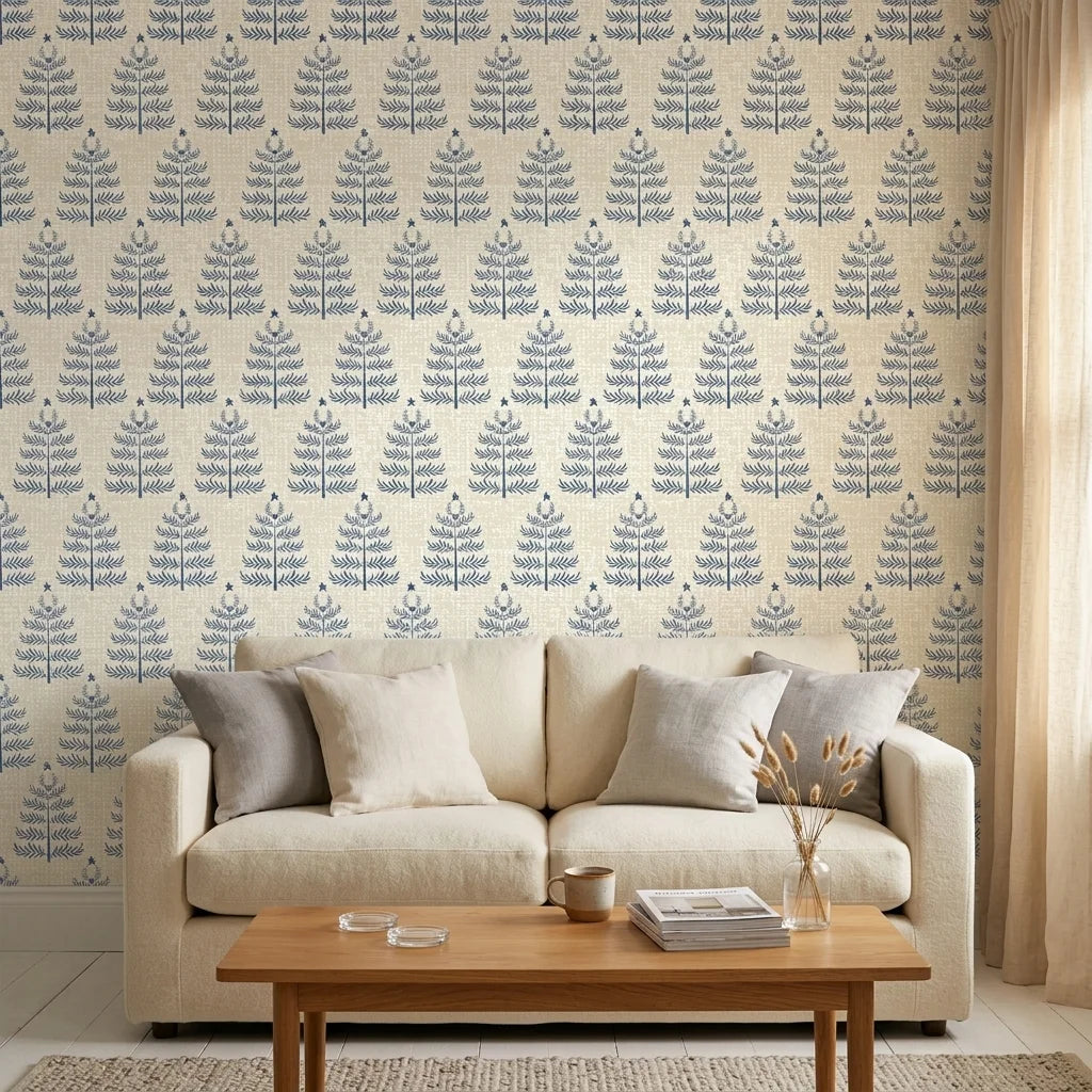 Clipped Dreams blue botanical tree wallpaper in a warm and inviting living room