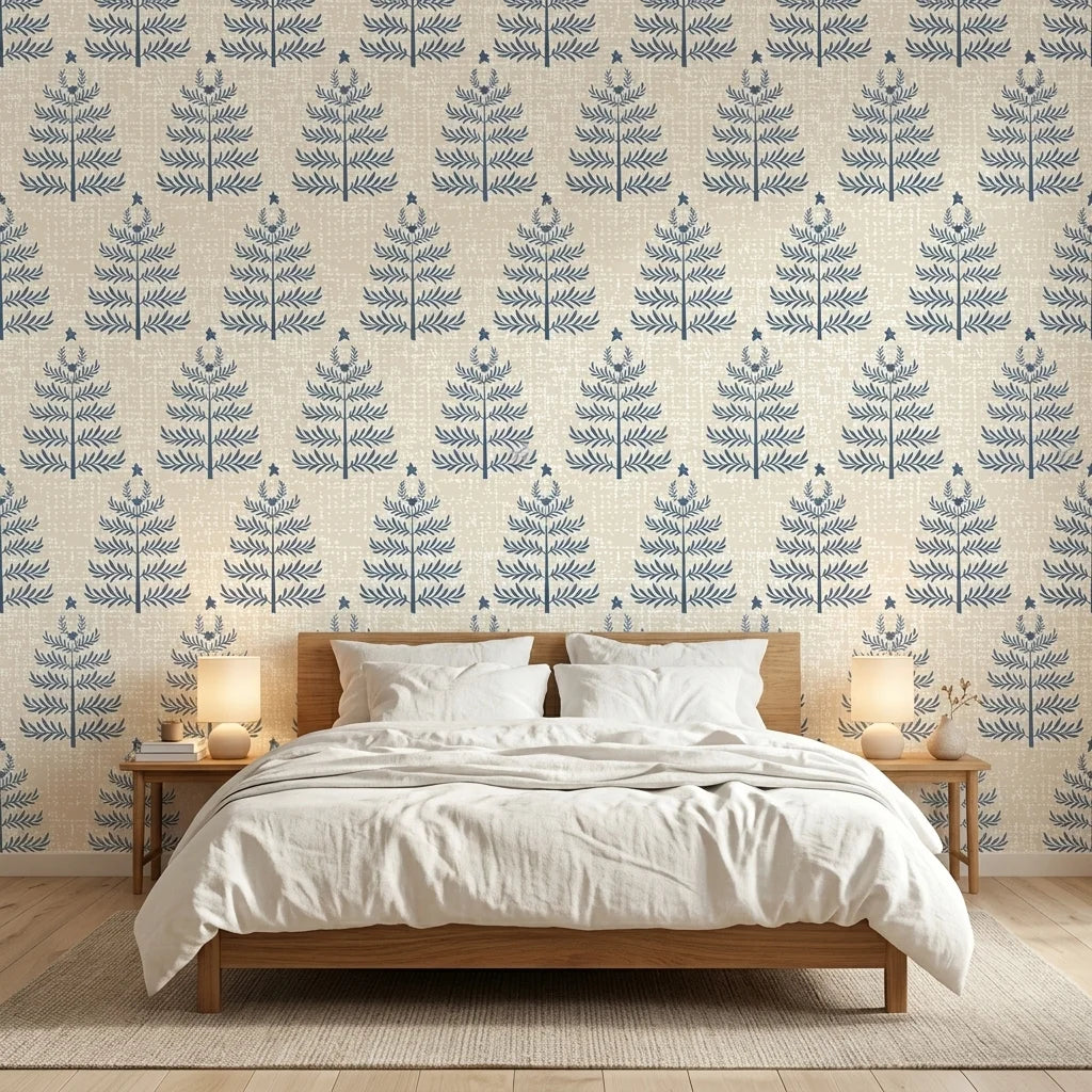 Clipped Dreams blue botanical tree wallpaper adding character to a cozy bedroom