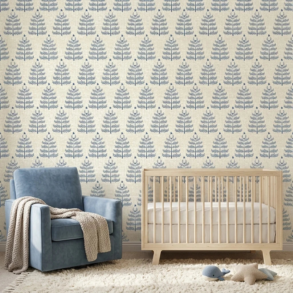 Clipped Dreams blue botanical tree wallpaper as a feature wall in a bright home office