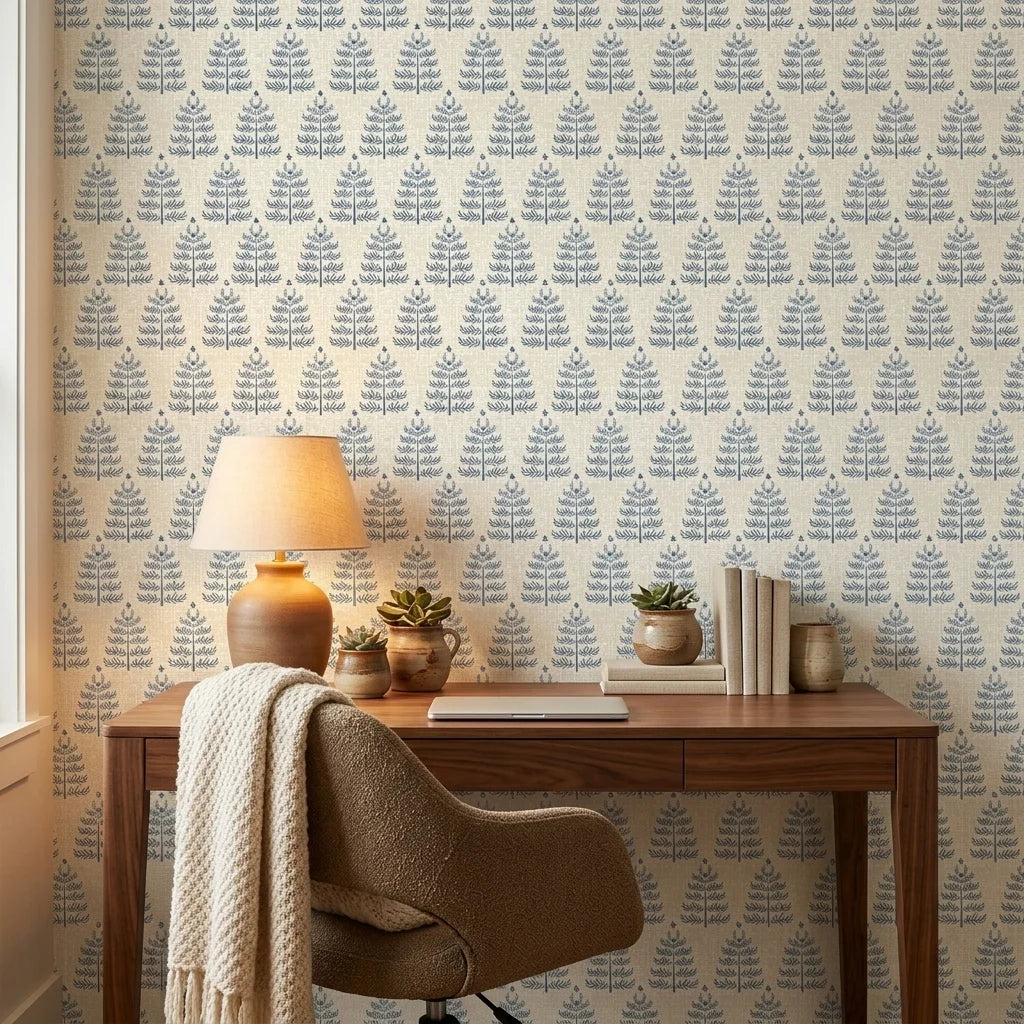 Clipped Dreams blue botanical tree wallpaper creating ambiance in a serene bathroom