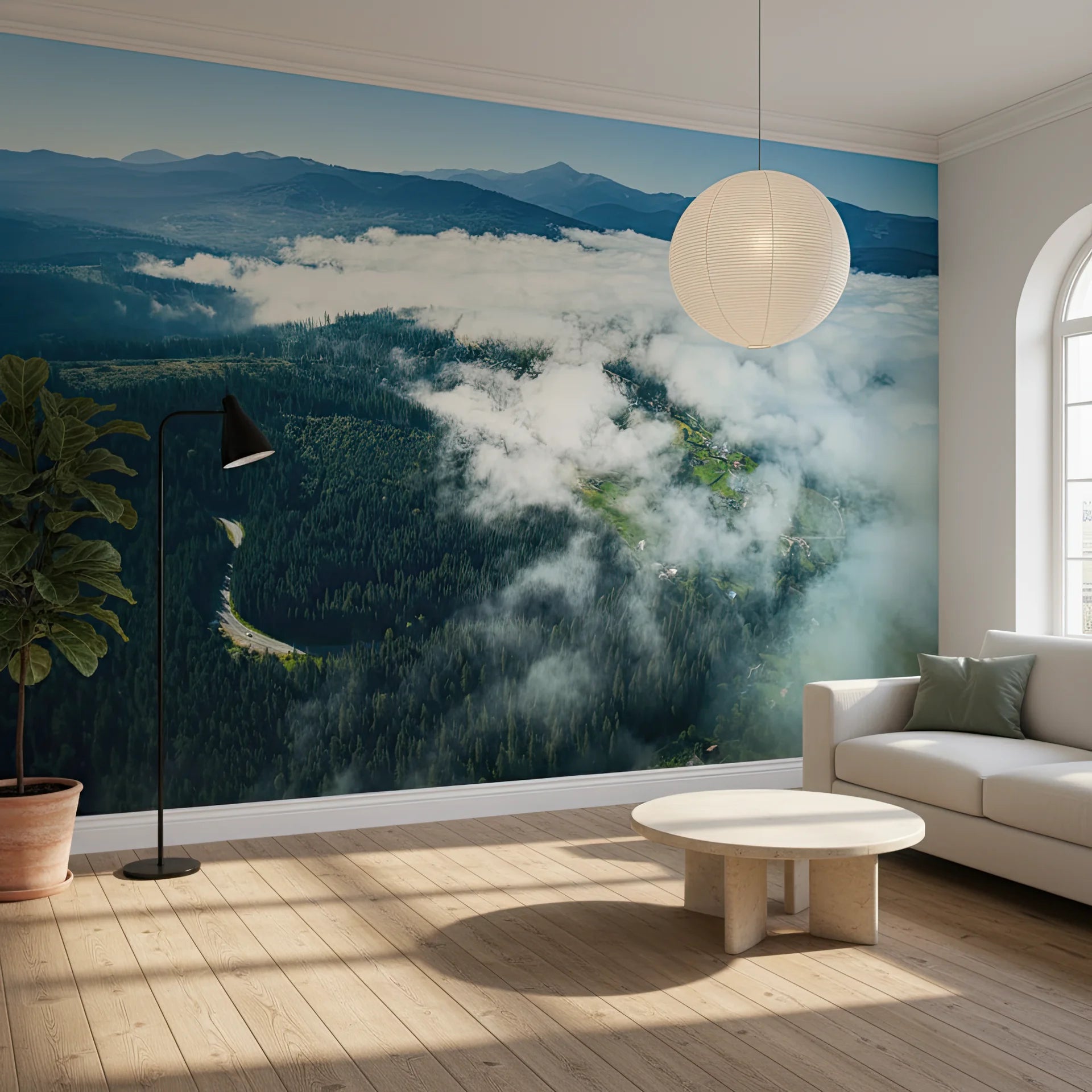 Soft clouds enveloping landscape with gentle atmospheric feeling removable wallpaper