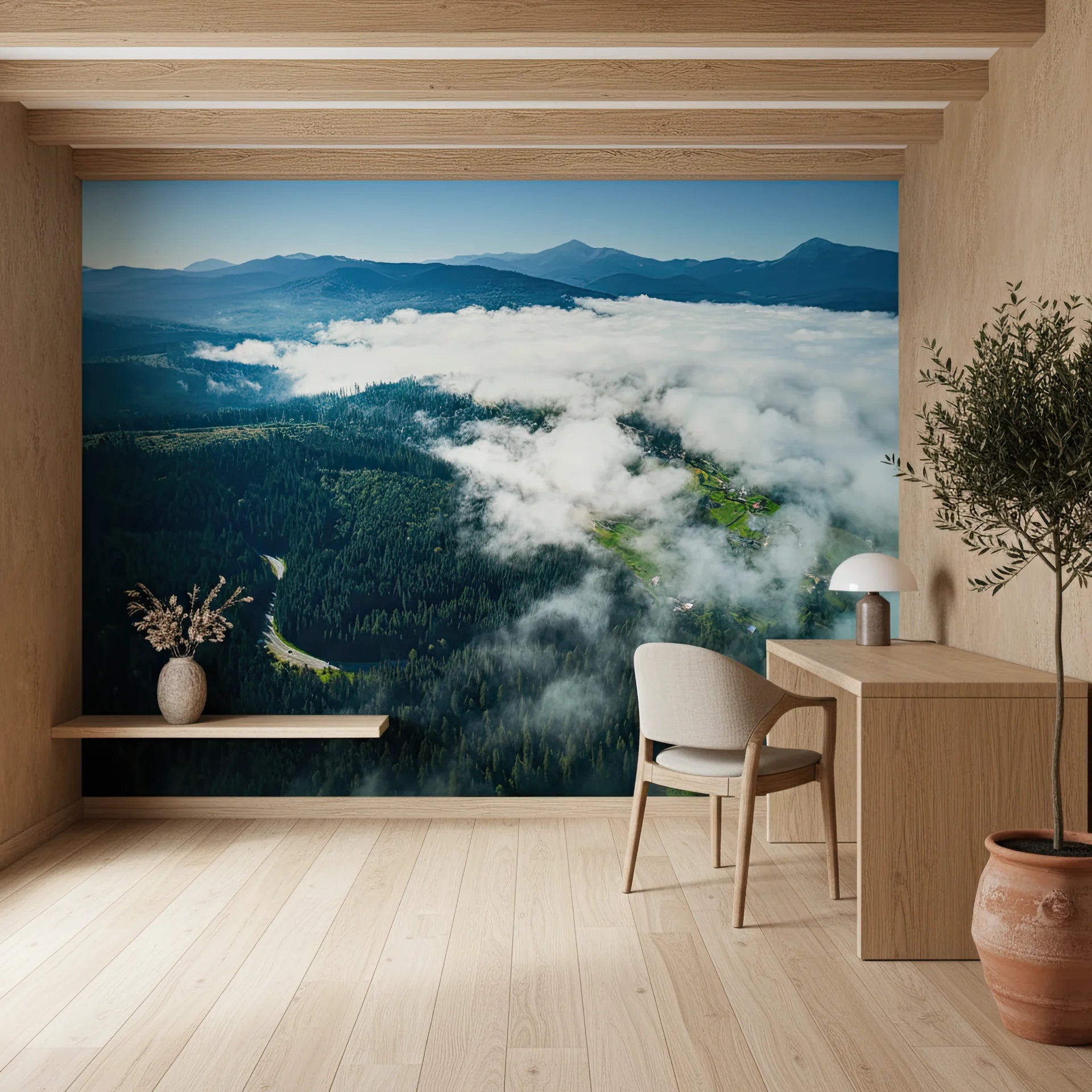 Cloud-covered mountain landscape with peaceful ethereal mood peel and stick