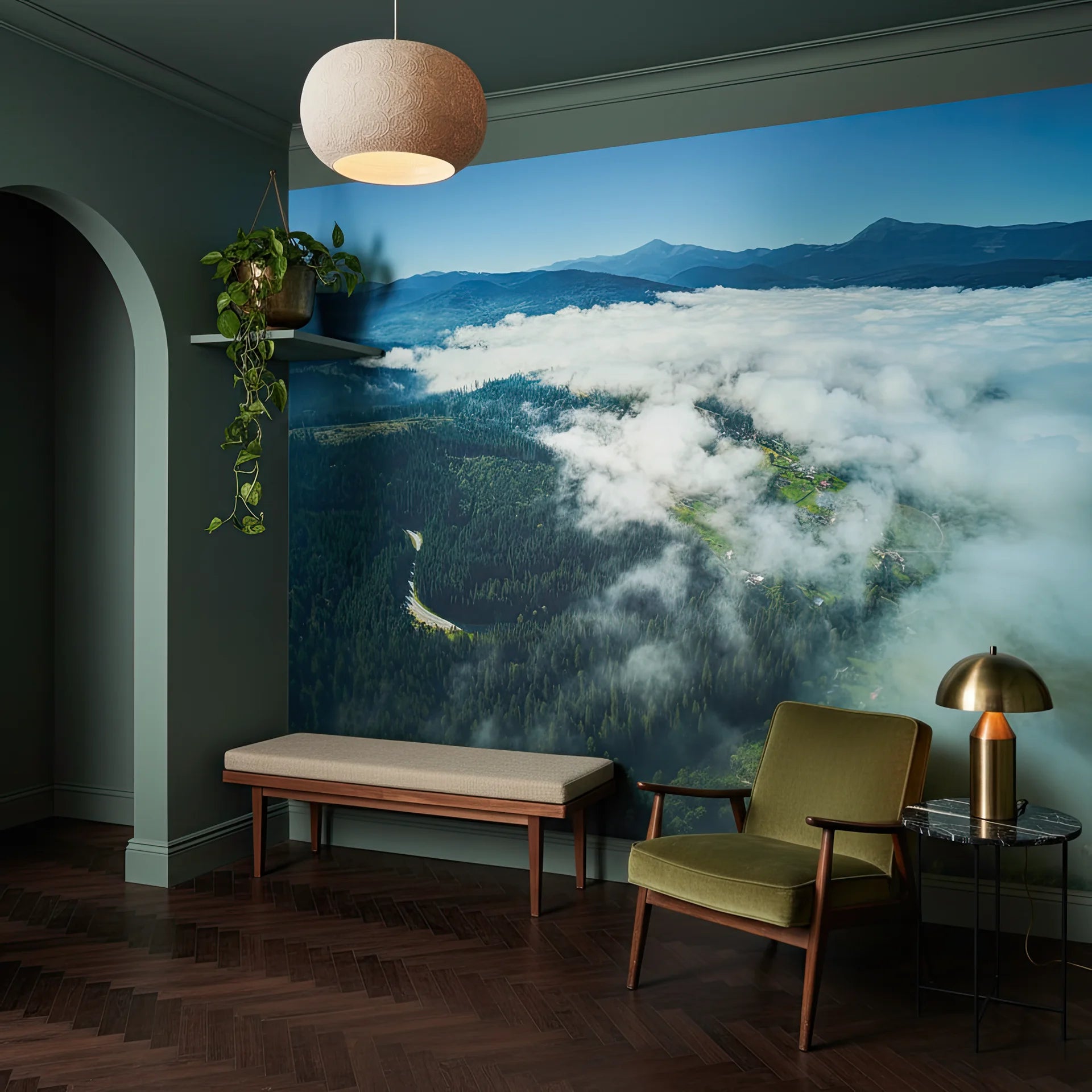 Misty clouds surrounding terrain creating contemplative scene removable wall mural
