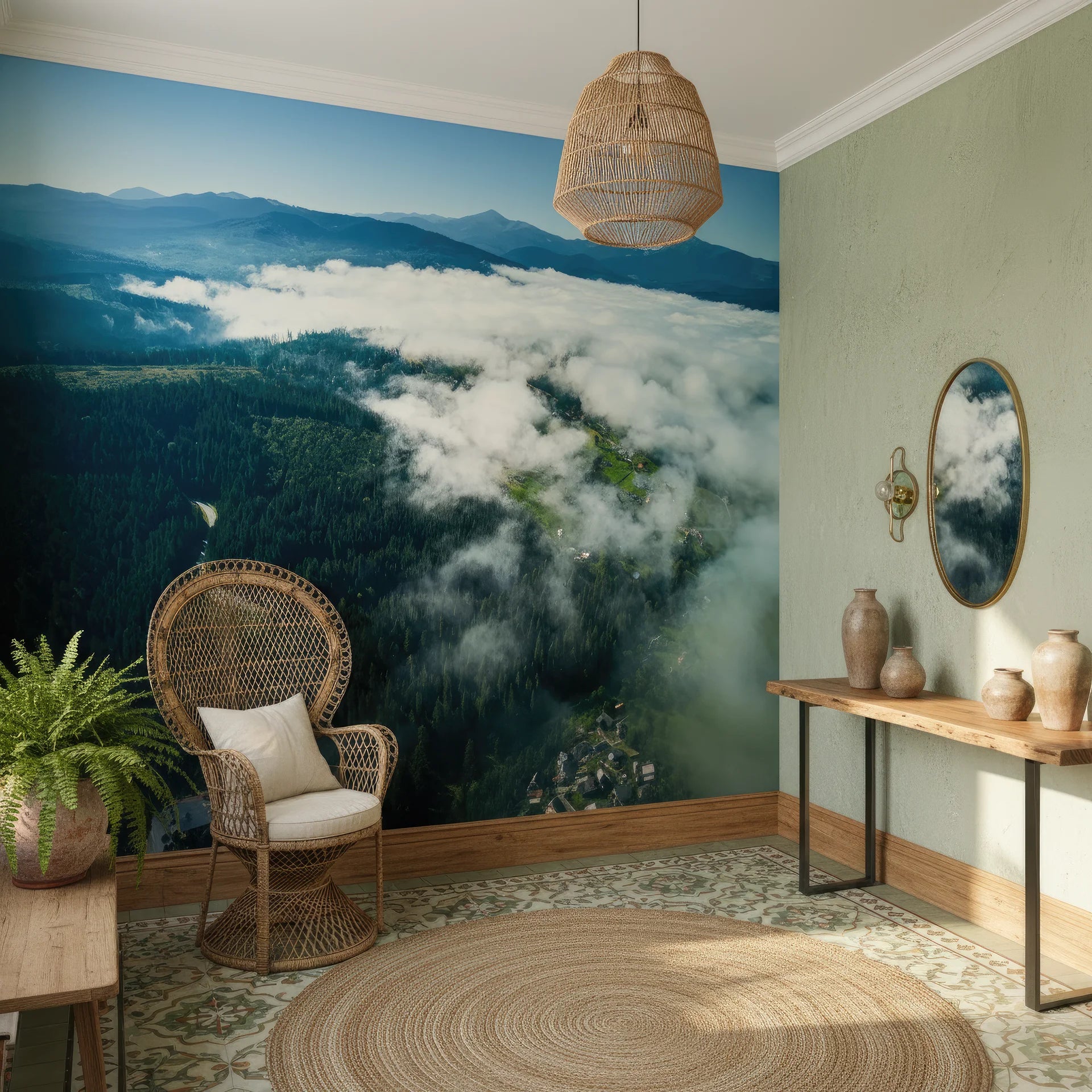 Embracing fog and clouds over serene landscape peel and stick wallpaper